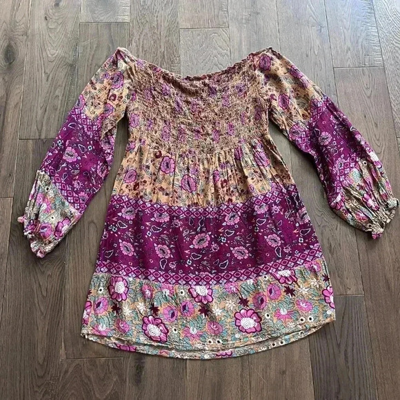 Anthropologie Raga Faye Off-The-Shoulder Dress Size XS Smocked Purple Cottage - Picture 5 of 8